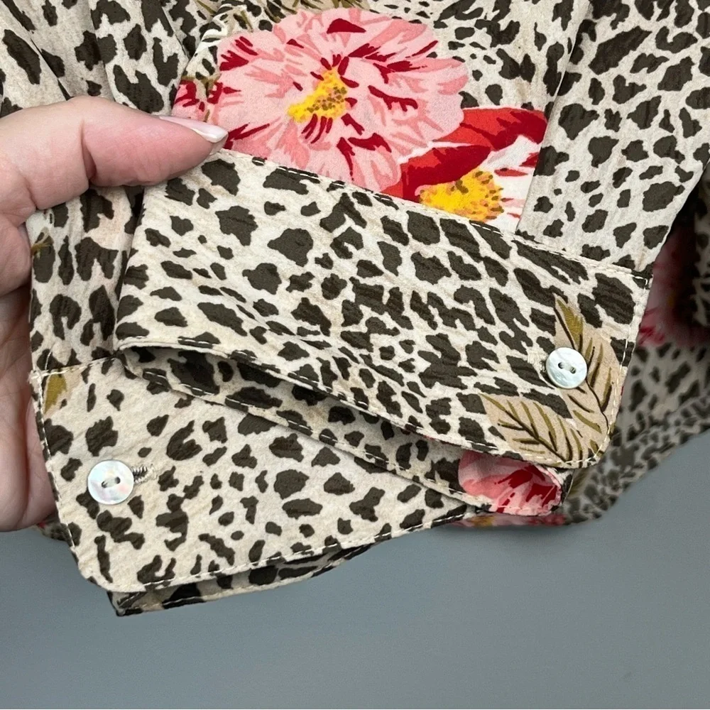 Nanette Lepore floral & animal print roll tab button front blouse top, large.